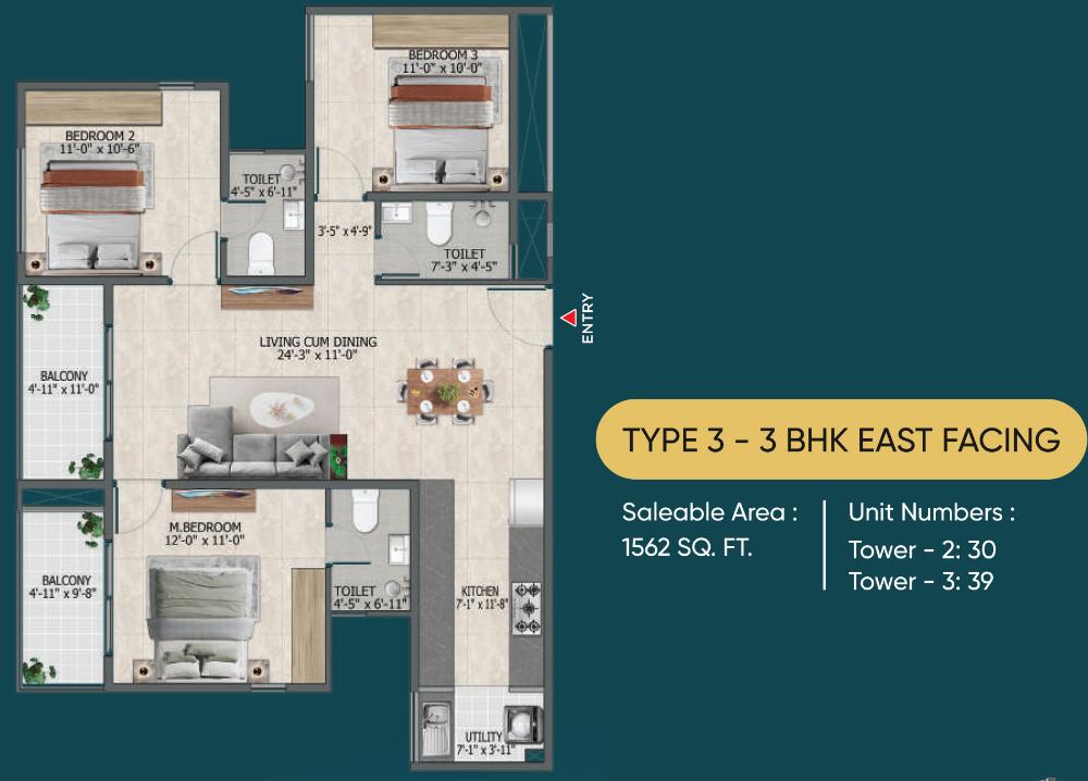 3 BHK + 3T Floor Plan